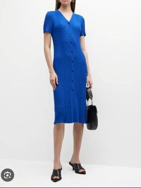 Misook Medium Blue Short Sleeve Button Front Cable Knit Midi Dress Size XL